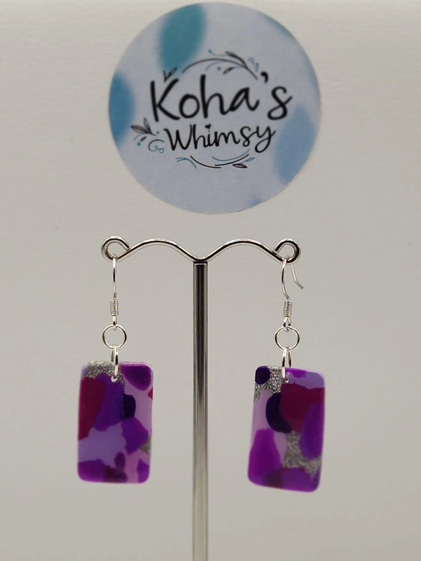 Handmade polymer clay Earrings - Purple Droplets Small Rectangle Dangle Earrings