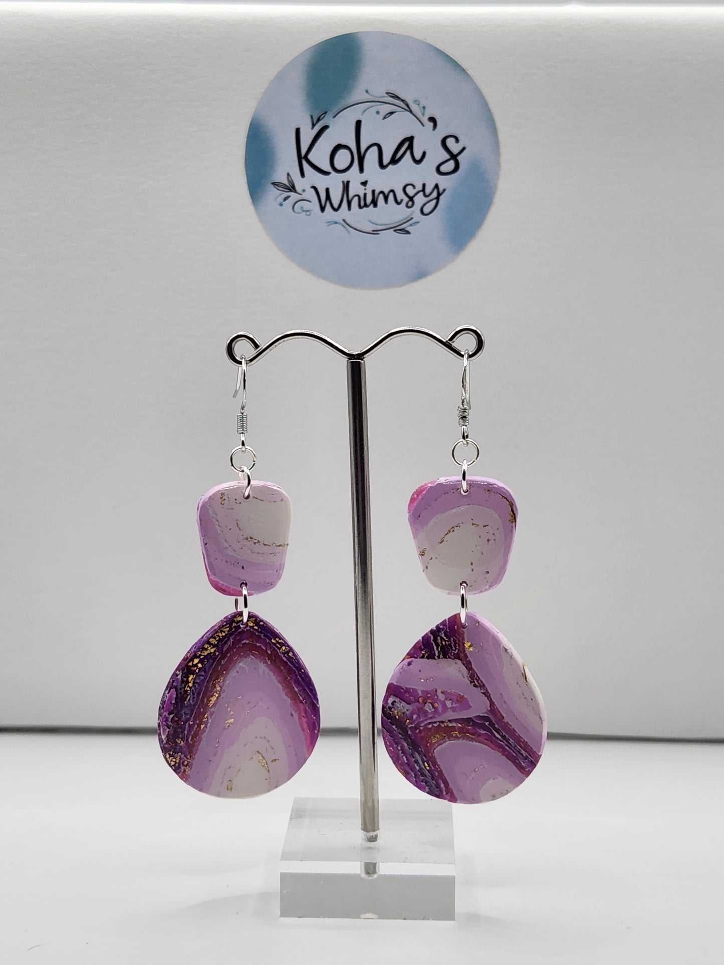 Purple Lace Agate Quadrangle Teardrop Dangle Earrings